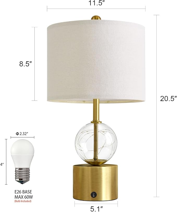 20.5" Small Bedside Table Lamps for Bedroom Nightstands, Gold Glass Modern Table Lamps Set of 2 with USB A+C Charging Port, Night Light, Luxury Lamps for Living Room End Table(Bulbs Included)
