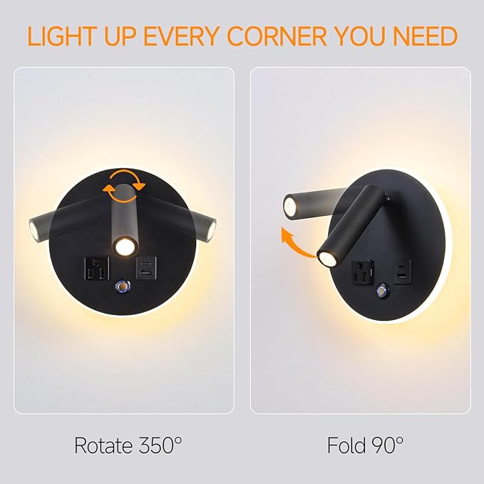 LED Round Wall Sconce with Dimmable Light, 6W+3W 3000K Night Light, Adjustable Plug-in Headboard Lamp with USB & USB-C Ports, Bedside Reading Light for Bedroom(Black)