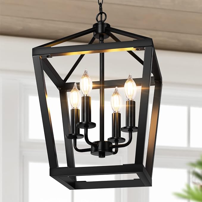 BrightHome Farmhouse Chandelier 4-Light, Black Pendant Light Fixture Ceiling Hanging for Kitchen Island Dining Room, Lantern Industrial Lighting with Metal Cage Adjustable Height for Entryway Foyer | Industrial Kitchen Lantern chandelier Over Table, Pe...