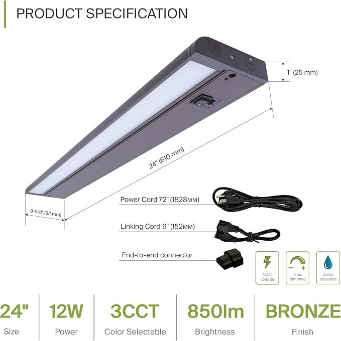 ASD Swivel LED Under Cabinet Lighting Bronze, 24 Inch 12W, Hardwired or Plug-in, 2700K/3000K/4000K, Hi/Low Switch, Rotatable Lens, Dimmable Linkable Under Counter Light for Kitchen, ETL & Energy Star