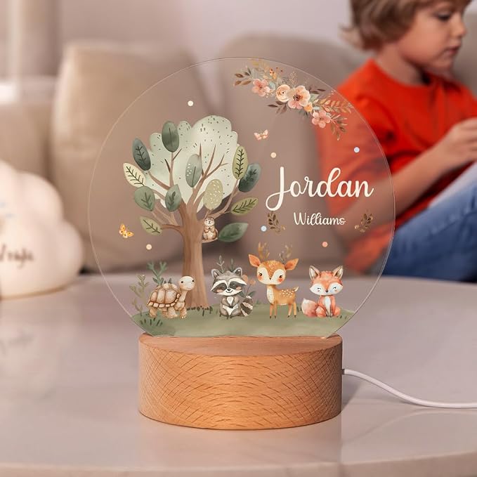 Personalized Forest Animal Night Light for Kids, Custom Name and Text Led Nightlight Nursery Decor Gift for Kids