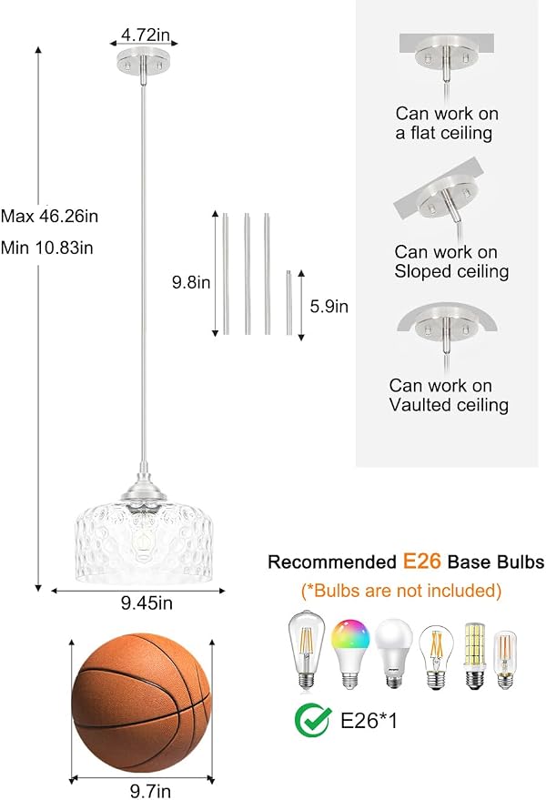 Brushed Nickel Pendant Lights Kitchen Island, Modern Hammered Glass Kitchen Pendant Lighting Over Island, Hanging Bathroom Light Fixtures Adjustable Pendant Light for Hallway Entryway Dining Room