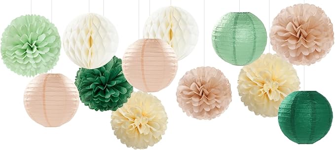 Sage-Olive Green Party-Decorations Paper-Flowers Lanterns - 15PCS Safari Boho Birthday Rustic Tissue Pom Poms Streamers, Baby Shower Neutral Garden Wedding Graduation Hanging Supplies Decor Hugfond
