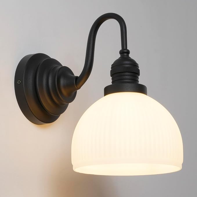 Black Wall Sconce Vintage Milk Glass Bathroom Vanity Light | Bathroom Light Fixtures,Matte Black,Thick Half-Round Glass Shade,Hardwired Only,E26 Base,for Bathroom Mirror Hallway