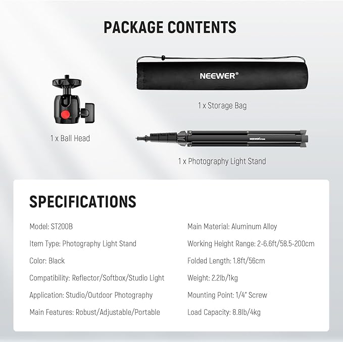 NEEWER Photography Light Stand 1.8-6.6ft/56-200cm with Ball Head 1/4" Screw, Max Load 8.8lb/4kg Aluminum Portable Studio Lighting Tripod, Phone Video Stand for Strobe Light Softbox DSLR Camera, ST200B