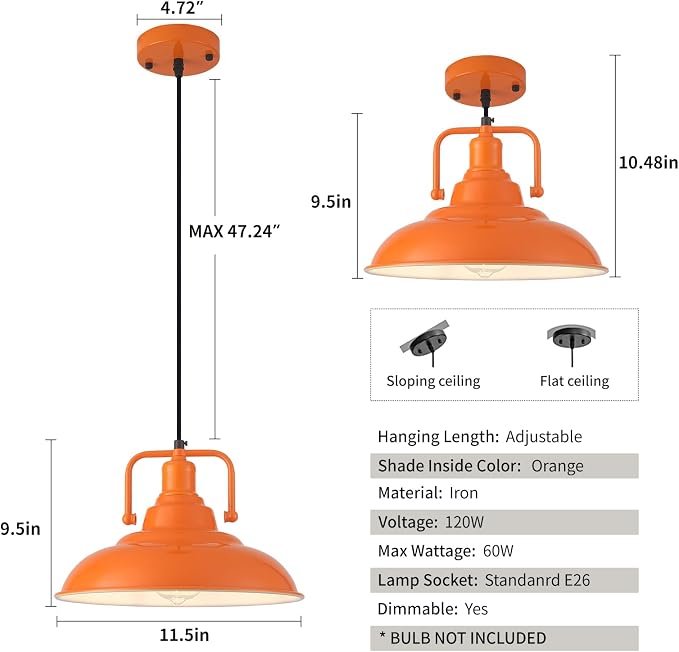 Orange Pendant Light 12.5 inches 3 Packs, Farmhouse Pendant Light, Industrial Pendant Lighting, Kitchen Pendant Lights, Pendant Lights Kitchen Island for Dinning Room Entryway Barn