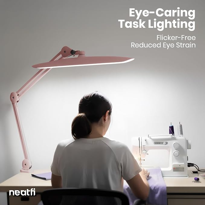 Neatfi XL 2200 Lumens 24W LED Desk Lamp – Shadow-Free Task Lighting | 4-Level Dimming | Home Office & Crafts Use | 20-Inch Wide Head (Rose Gold, Non-CCT with Clamp)
