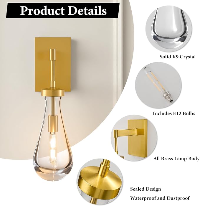 Raindrop Brass Crystal Wall Sconce: Luxury Modern Gold Bathroom Lighting | Clear Solid Indoor Sconces with Bulbs, Dimmable Vanity Lamp, Light Fixtures for Bedroom Living Room Hallway Bedside