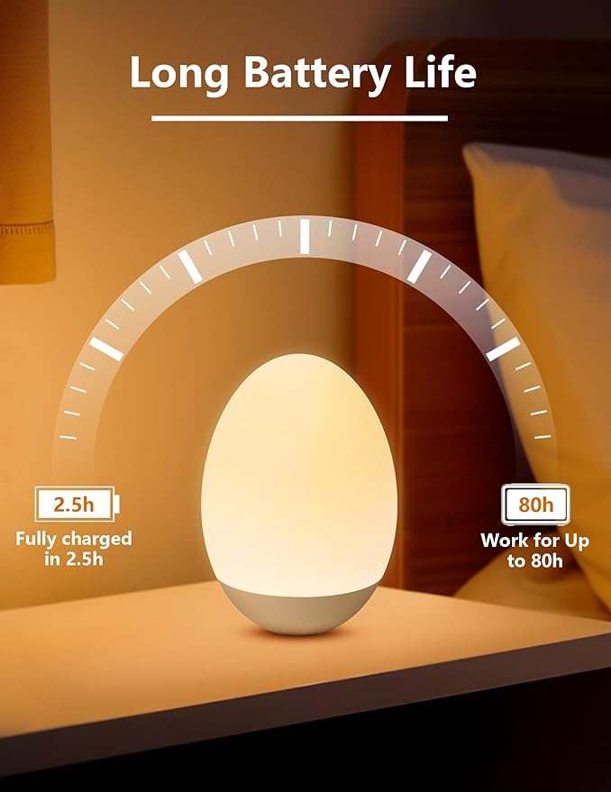 Egg Night Light for Nursery: Rechargeable Baby Touch Lamp | Soft rechargeable egg baby night light with touch control, stepless dimming and warm or RGB light for nursery and feeding