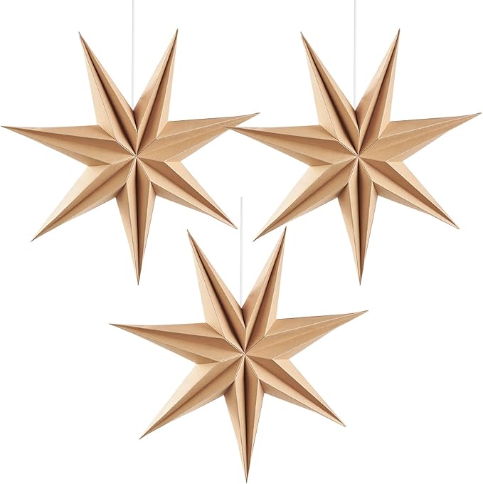 SUNBEAUTY 3 Pcs 7-Pointed Natural Paper Star Lanterns 12 Inch Christmas Hanging Lamp Rustic Paper Decorations Shade Wedding Birthday Christmas Home Party Decorations