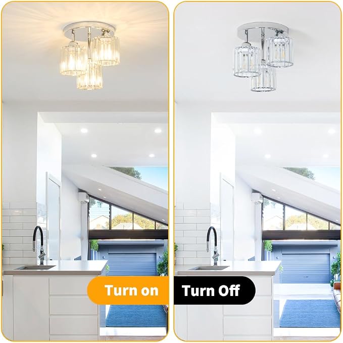 Lxybcce Crystal Ceiling Light Fixture, Chrome Semi Flush Mount Ceiling Light Fixture, 3-Light Hallway Lighting with Clear Crystal Shades for Kitchen Entryway Bedroom Bathroom Foyer, E26