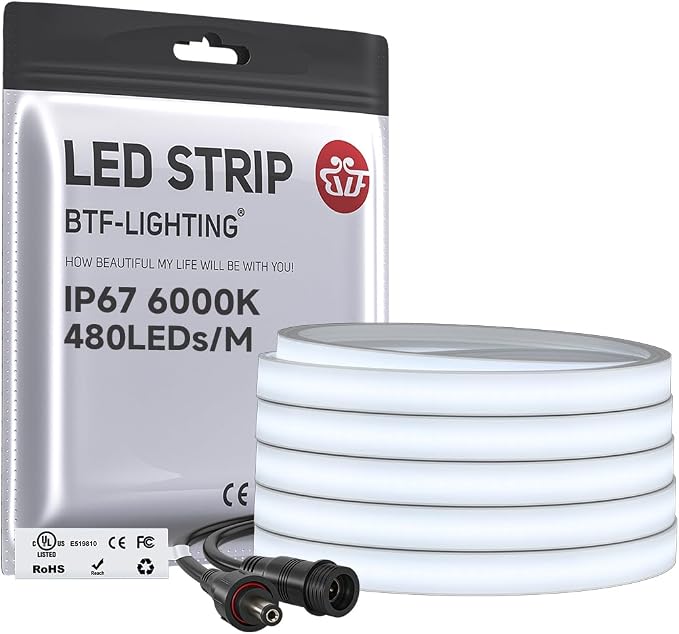 BTF-LIGHTING COB LED Strip Light, UL Listed Diffused Neon Light Cool White 6000K, IP67 Waterproof 16.4FT DC12V 10mm Width LED Light for Home Indoor DIY Lighting(No Adhesive, Adapter & Controller)