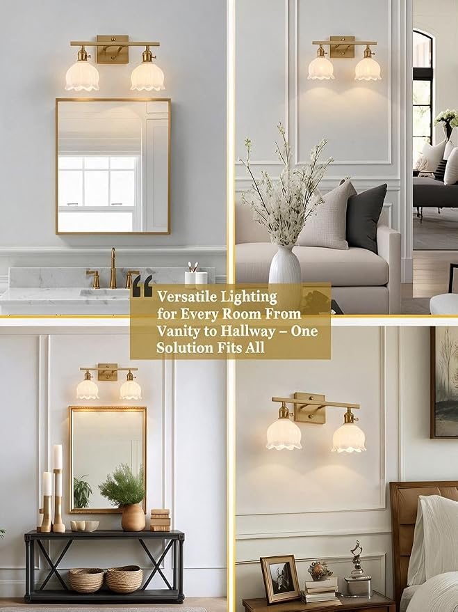 3-Light Vintage Bathroom Vanity Light, 19.4" Brass Hardwired Wall Sconce with Amber Tulip Glass Shades, Brushed Gold Vanity Light for Mirror, Restroom, Bedroom (White, 2-Light)