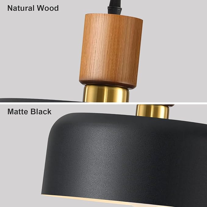 11.6" Black Pendant Light, Walnut Oak Wood & Brass Metal Drum Shade