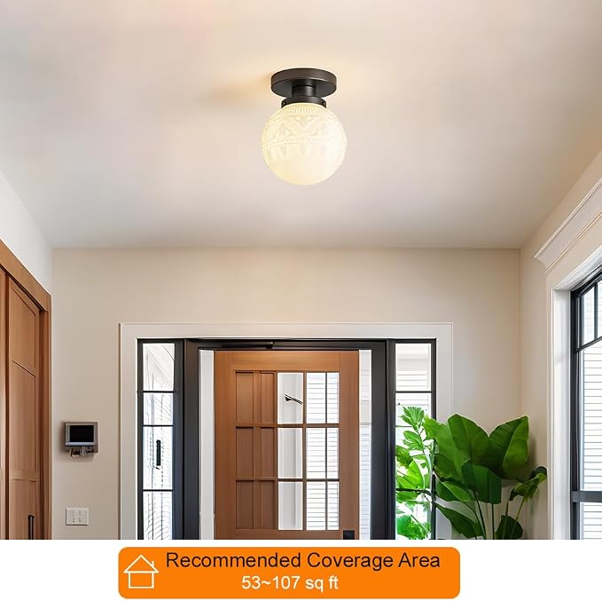 Daunton Semi Flush Mount Ceiling Light, Modern Globe Milk Glass Ceiling Light Fixture, Vintage Small Black Hallway Light Fixtures for Kitchen, Entryway, Bathroom, Closet