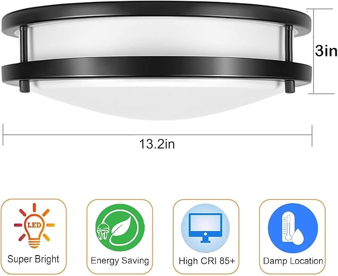 Drosbey 50W Dimmable LED Ceiling Light Fixture, Kitchen Light Fixtures, 13.2 inch Flush Mount Ceiling Lights for Bedroom, Bathroom, 2700K/3000K/3500K/4000K/5000K Selectable, Super Bright 5000LM, Black