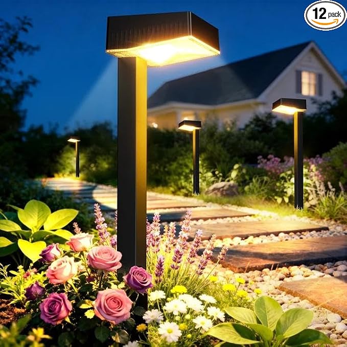 Solar Pathway Lights Outdoor, 12 Pack Garden Lights Solar Powered Path Light with Larger LED Lens, 2 Light Modes Waterproof Outdoor Solar Light for Yard Driveway Walkway Landscape, Warm White
