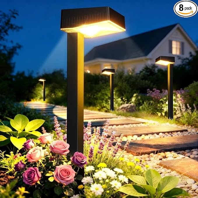 Solar Pathway Lights Outdoor, 8 Pack Garden Lights Solar Powered Path Lights with Larger LED Lens, 2 Light Modes Waterproof Outdoor Solar Light for Yard Driveway Walkway Landscape, Warm White