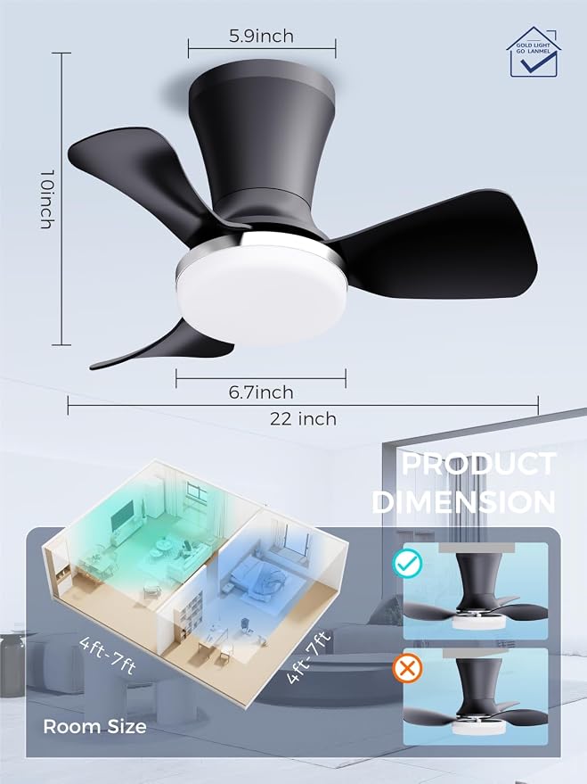 LANMEL Metal Ceiling Fan with Lights and Remote, 22 Inch, Silver & Black | Modern Low Profile Flush Mount, Reversible, 3CCT Dimmable, Quiet, LED, For Bedroom, Living Room, Indoor/Outdoor Patio Use