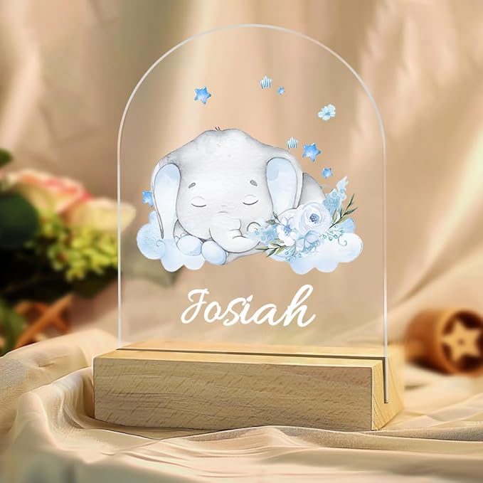 Personalized LED Night Light Elephant Design Custom Name Acrylic Light with Wood Base Gifts for Kids