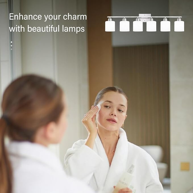 Large Bathroom Vanity Light Fixture, 6 Light Anti-Rust Finish with Milky White Frosted Glass Shades, 38 Inch Bath Light Above Mirror Light Fixture
