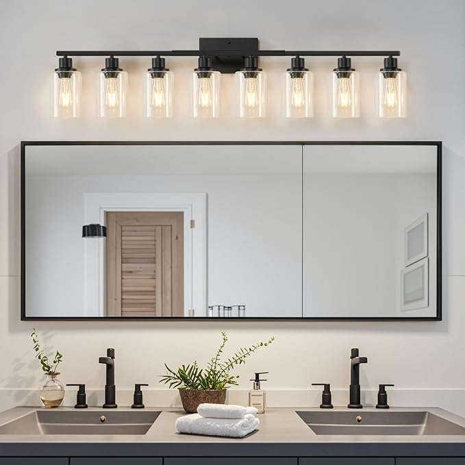 MOKATNG 8-Light Bathroom Light Fixtures, Vanity Light with Clear Glass Shades, Matte Black Bathroom Light Fixtures Over Mirror, Modern Bathroom Wall Lamp for Mirror Living Room Cabinet Bedroom