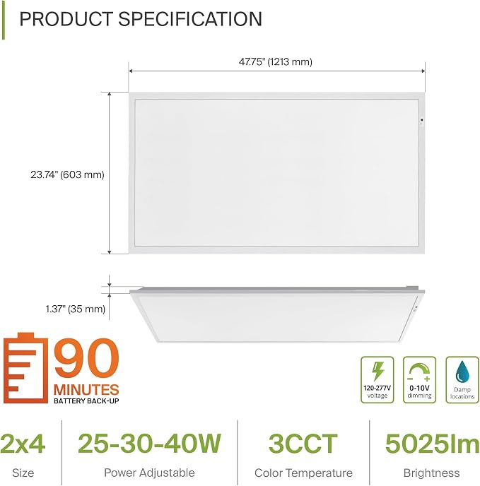 ASD 4 Pack 2x4 LED Flat Panel Light with Emergency Battery Backup - 25/30/40W UL DLC | 5025LM 3500K-5000K 120-277V Dimmable 2x4 LED Drop Ceiling Light Fixture | 2x4 Commercial Lights for Ceiling