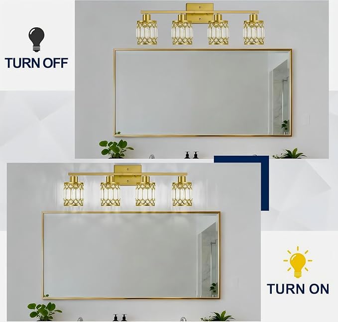Crystal Modern Bathroom Light Fixtures, 4-Light Brushed Gold Bathroom Vanity Wall Light, Vanity Lights for Mirror, Restroom, Bedroom (E26 Socket, Bulbs Not Included)