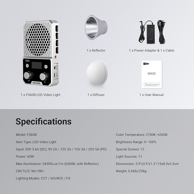 NEEWER FS60B 60W Compact Pocket Bi Color LED Light with APP/Panel Control | COB Continuous Output Lighting, 2700K-6500K, CRI96+, Portable for Professional Studio Photography, Video Recording
