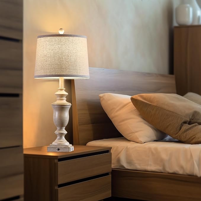 SAIWEYA 27.5" Set of 2 Farmhouse Table Lamps for Bedroom, 3 Way Dimmable Bedside Lamp with 2 USB +AC Outlet Nightstand Lamps for Living Room Resin Rustic Touch Lamps