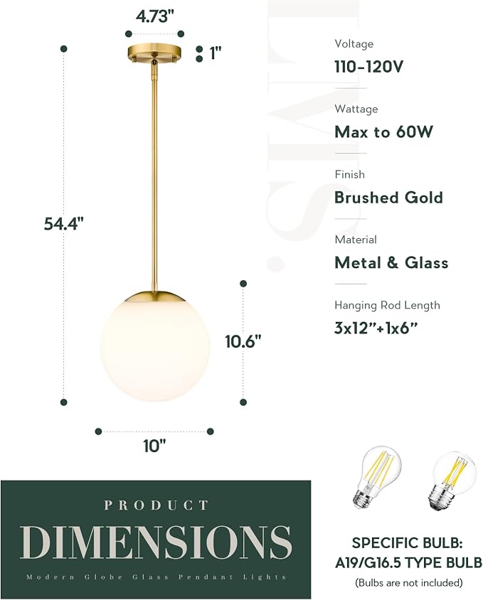 10 Inch Globe Pendant Lights, Brushed Gold Mid Century Kitchen Island Light Fixtures with White Globe Glass Shade, Adjustable Hanging Rod, Dining Room Kitchen, LMS-186PL-BGW-10