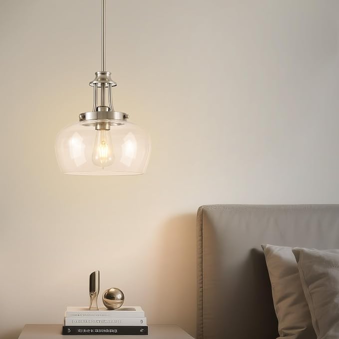 Modern Pendant Lights Kitchen Island, Brushed Nickel Pendant Light Fixtures with 10" Clear Glass Shade, Industrial Hanging Pendant Lights Fixture for Kitchen Island Dining Room Bedroom Foyer Entryway