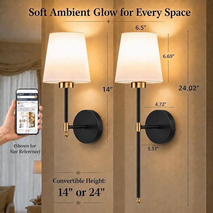 IRONPAX Wall Sconces Battery Operated Set of 2, Wireless Rechargeable Wall Sconce Set of Two, Dimmable Wall Lights with Remote for Bedroom Living Room Hallway Decor (Gold-Black, Fabric Shade)