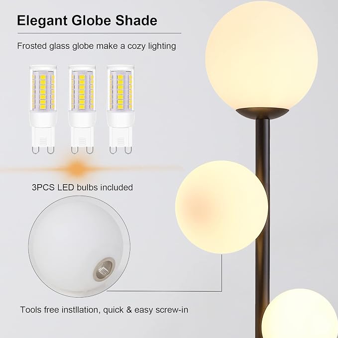 Fiqevs 3 Globe Mid Century Modern Floor Lamp, 3 x 800LM LED Bulbs Included, Matt Black Standing Lamp with Sphere Frosted Glass Shade, Vintage Retro Tall Pole Lamp for Living Room, Bedroom Office