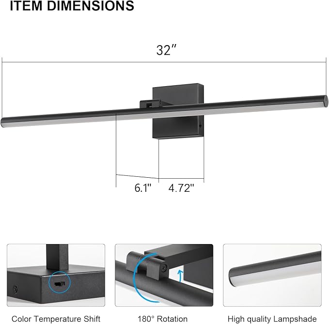 LED Bathroom Vanity Light, Modern Bathroom Light Fixture Over Mirror (3000K/4000K/6000K, Dimmable), Vanity Light Bar with Angle Adjustable, 32 Inch, Black