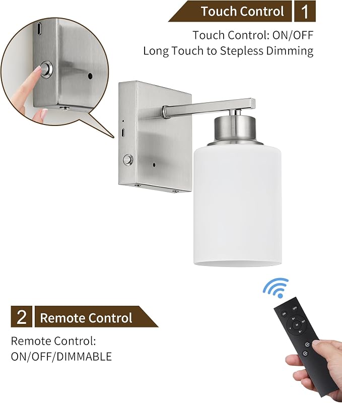 Wall Sconces Battery Operated Set of Two, Modern, White Glass, Nickel | Dimmable, Easy Install Rechargeable Wall Lights with Timer Remote for Living Room Bedroom, Emergency 3000K
