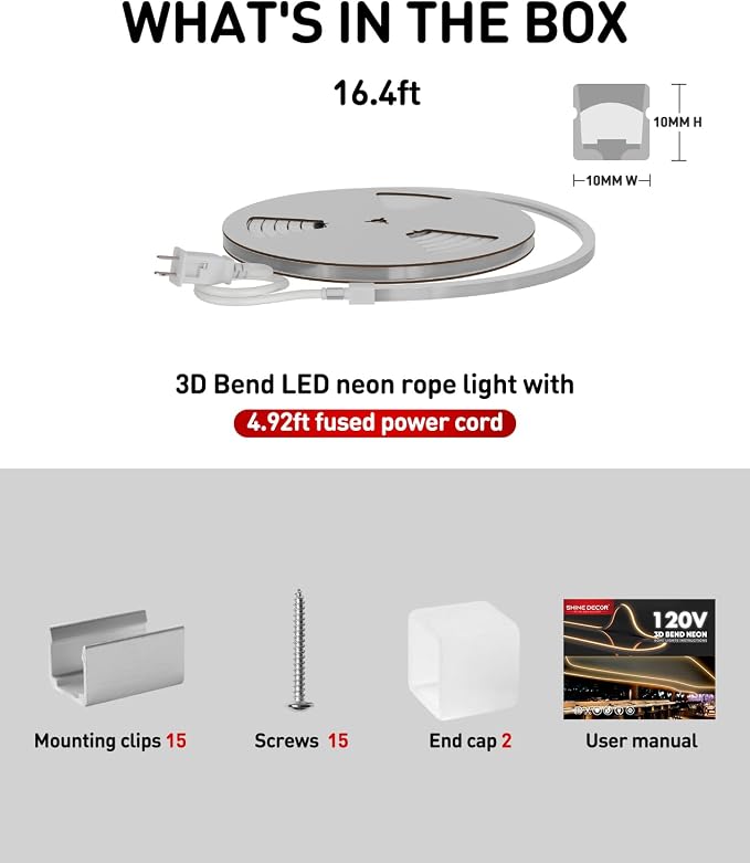 3D LED Neon Rope Light, Warm White, 16.4ft | Top & Side Bend, 400LM, Dotless, Driverless, IP65 Waterproof, Cold-Resistant, ETL Listed, Silicone Strip, for Home Commercial