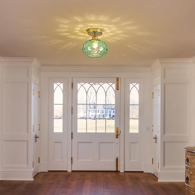 7.9″ Small Semi Flush Mount Ceiling Light ,Green Hallway Light Fixtures | Art Deco Hammered Glass,Whimsical,Vintage Gold Mid Century MCM Lighting for Closet Cottage Entryway Laundry Room Foyer