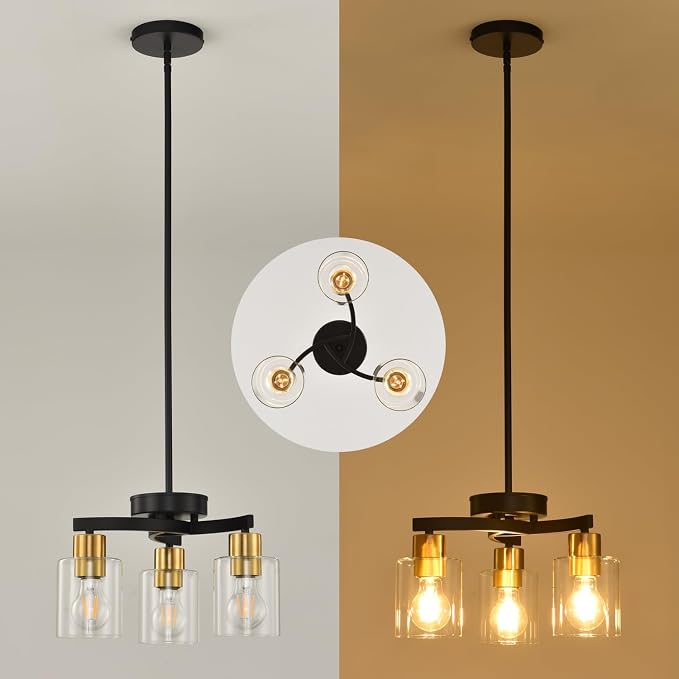 Black Brass Dining Room Chandelier, 3 Light Modern Industrial Pendant Light for Kitchen Island, Adjustable Height Ceiling Light with Clear Glass Shades,E26 Base,Dimmable