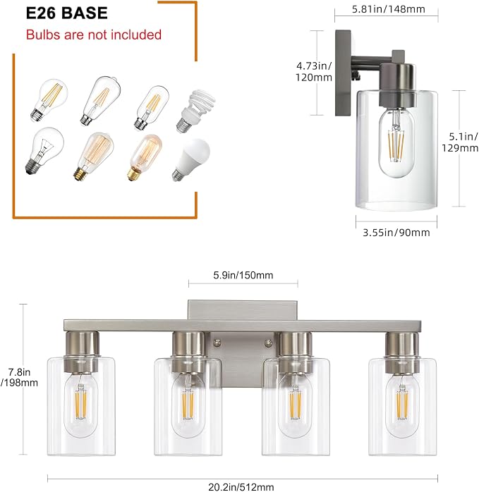 4 Light Bathroom Vanity Light Brushed Nickel Vanity Lights for Bathroom Modern 4-Lights Wall Sconce with Clear Glass Shade for Bedroom Living Room