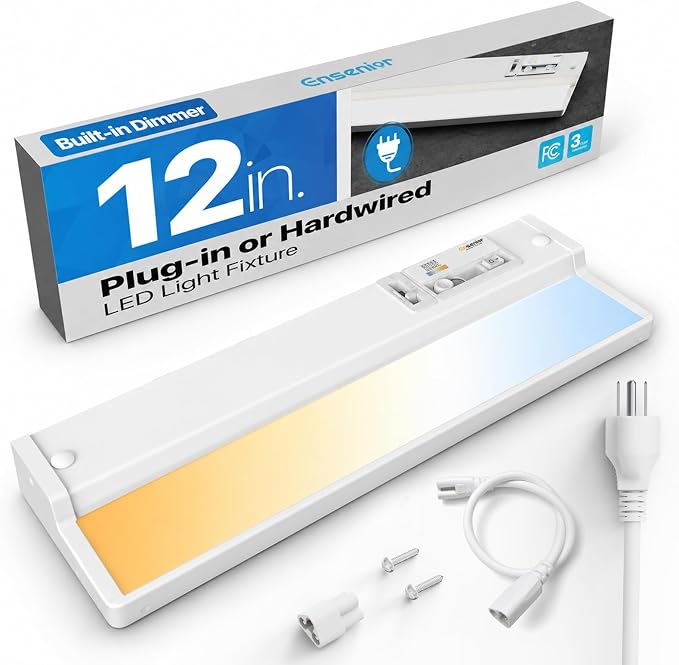 Ensenior Plug in or Hardwired Under Cabinet Lighting, 12 Inch 8W | Heat-dissipating Aluminum, Built-in Switch & 4-Level Dimmer, 5 Colors, 2 Link Options, True-Color CRI90+, Moisture-Proof, FCC