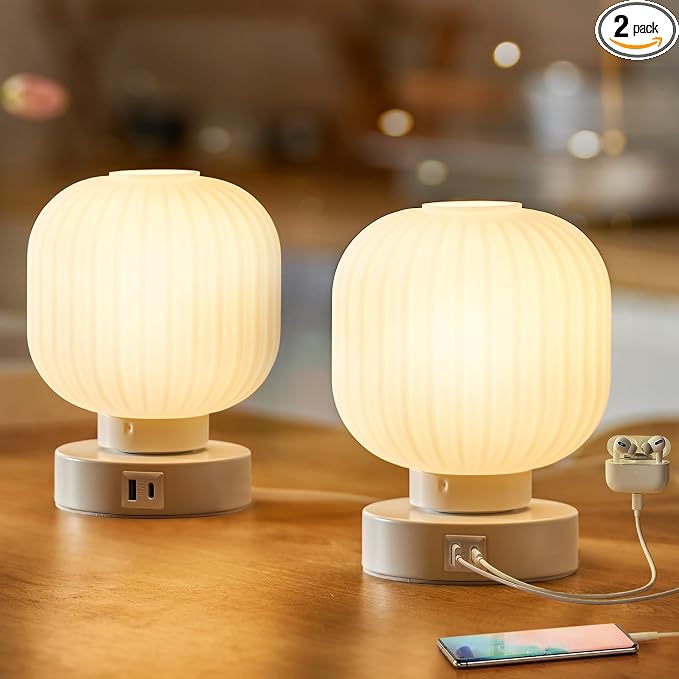 Elenhome Touch Bedside Glass Table Lamp Set of 2 with 3 Way Dimmable Light, Small Table Lamps with USB C+A Charging Ports - Bedroom Nightstand & Living Room Essential, Bulb Included