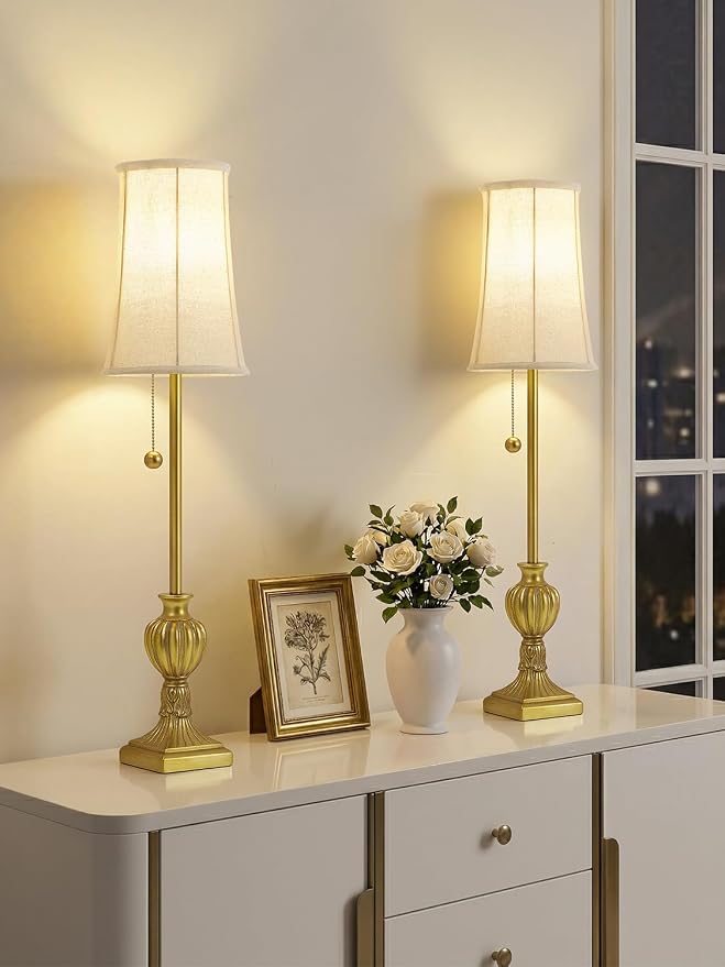 Buffet Table Lamps Set of 2 - 28" Tall Skinny Brass Resin Finish Table Lamp for Living Room - Traditional Farmhouse Buffet Lamp with Pull Chain for Console Table,Dining Sideboard,Entryway,Hallway