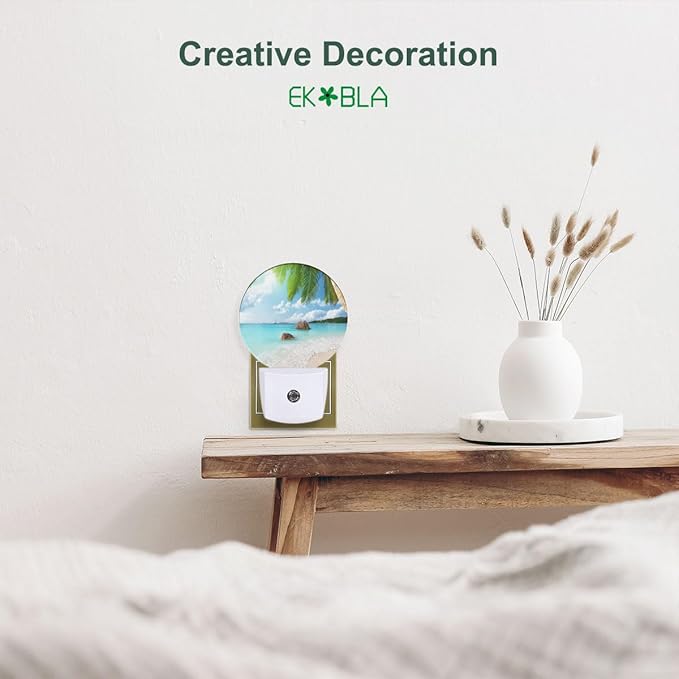 EKOBLA Palm Tree and Beach LED Night Light Island Beach Sea Ocean Dusk to Dawn Plug-in Nightlights Auto Sensor for Home Indoor Bathroom Hallway Kitchen