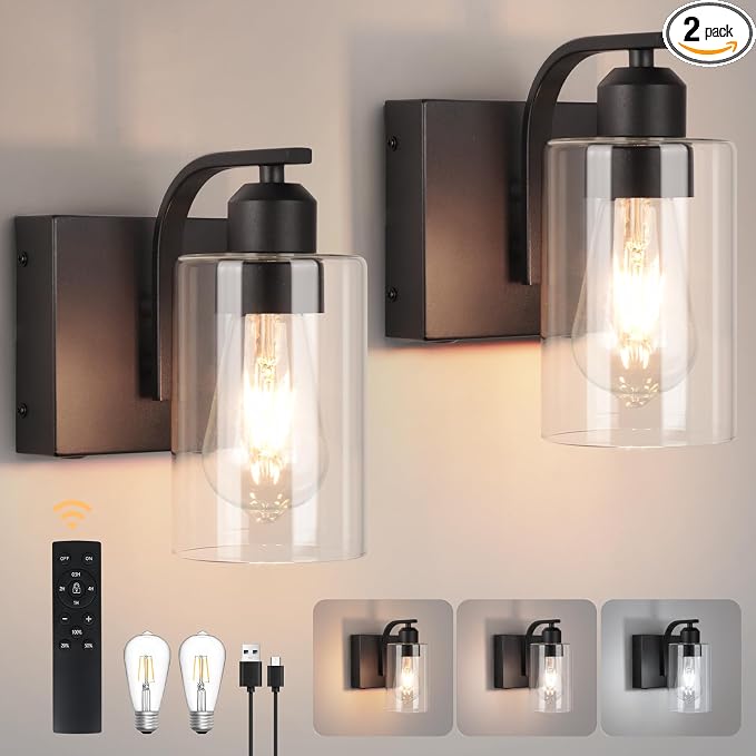 BELS 8 Inch Battery Operated Wall Sconces Set of 2, Farmhouse Wall Lights Fixture with Clear Glass, 4000K, Remote Control, Dimmable, Black Wall Sconces for Mirror, Bathroom, Bedroom