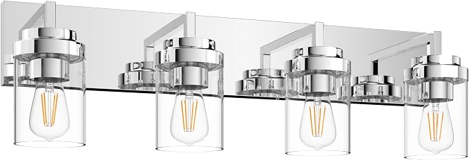 Chrome Light Fixtures, 4 Light Bathroom Vanity Light with Clear Glass Shade, 30 in Modern Vanity Light, Bathroom Lighting Fixtures Over Mirror for Living Room