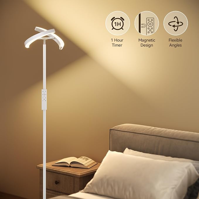 SUNMORY Floor Lamp for Living Room, 28W Bright LED Lamp with Remote Control | 1600lm Dimmable Rotatable Standing Lamp, 74" Tall Modern Reading Torchiere Uplighter Lamp for Bedroom Office Corner, White