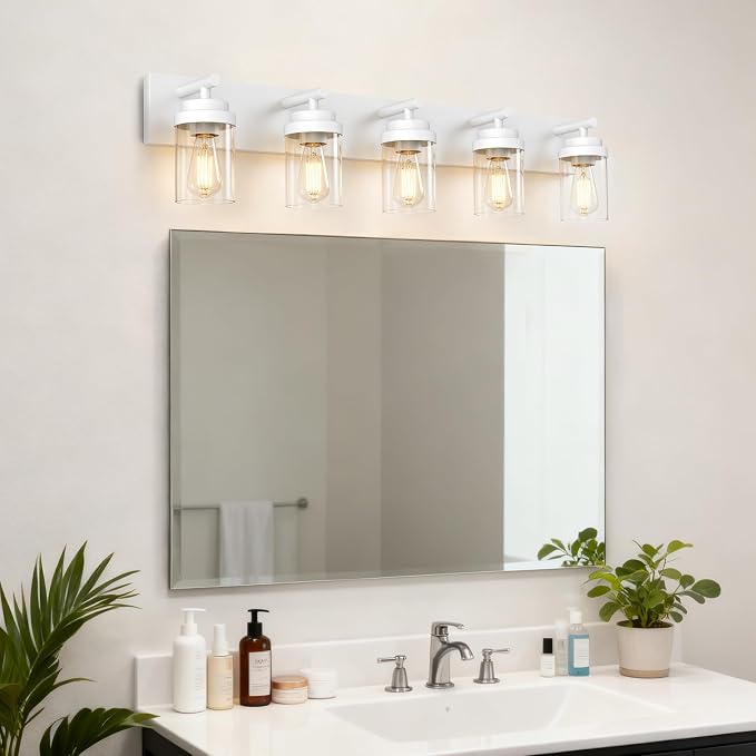 IZORRO Bathroom Vanity Light Fixture, 5-Light 36 Inch White Bathroom Light Fixtures Over Mirror, with Clear Glass Shade, Modern Farmhouse Vanity Lights, Rustic Restroom Lighting Fixtures