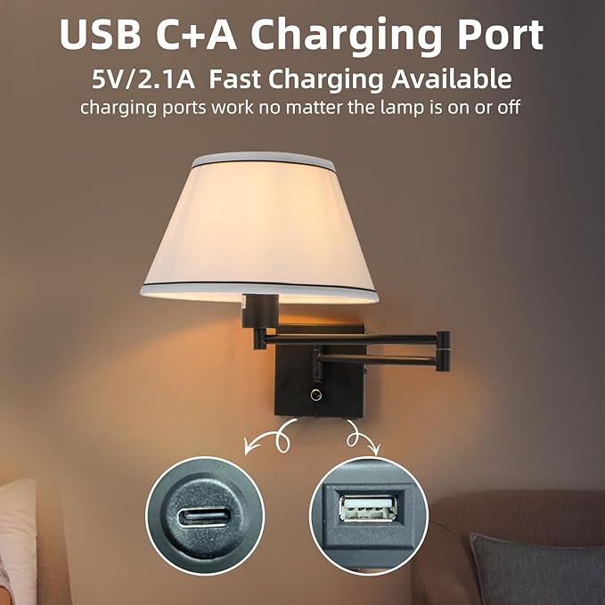 Swing Arm Wall Lamp,17”Wall Sconce Plug in with Type-C and USB Port,Dimmable Switch,Bedroom Wall Light Fixtures,Bedside Reading Lamp,White Shade Black Finish.
