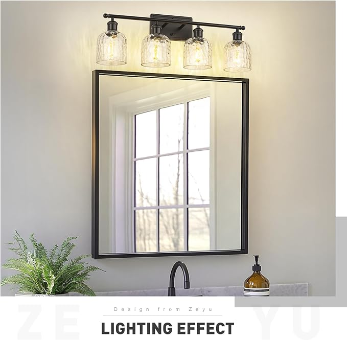 zeyu 27'' Black Vanity Light for Bathroom, 4-Light Wall Mount Vanity Light Fixture, Black Finish with Clear Hammered Glass, ZJF63B-4W BK